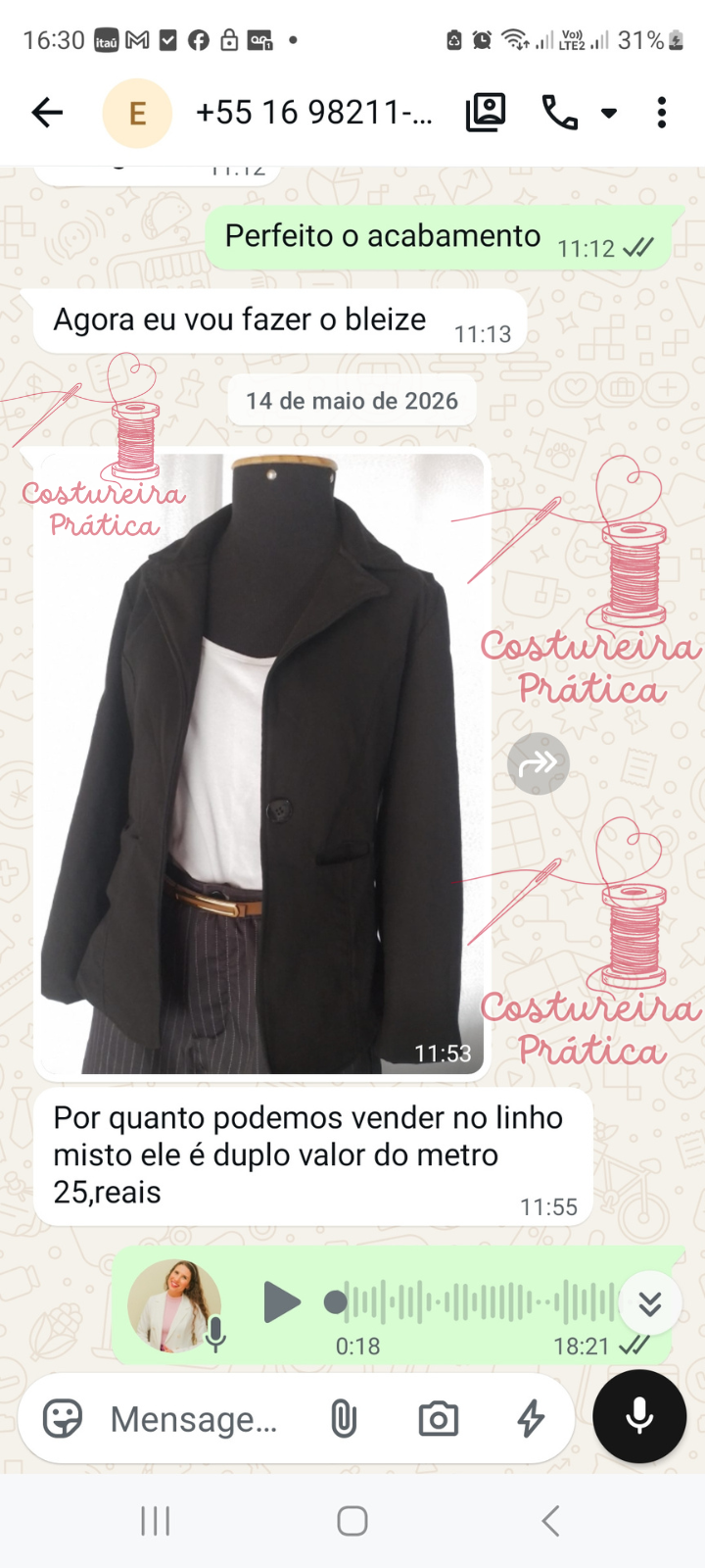 Blazer confeccionado por uma aluna